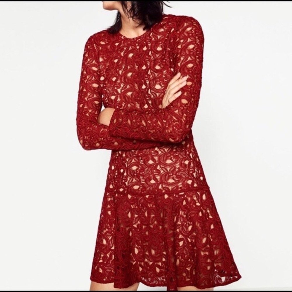 Red Lace Drop Waist Lace Zara Dress